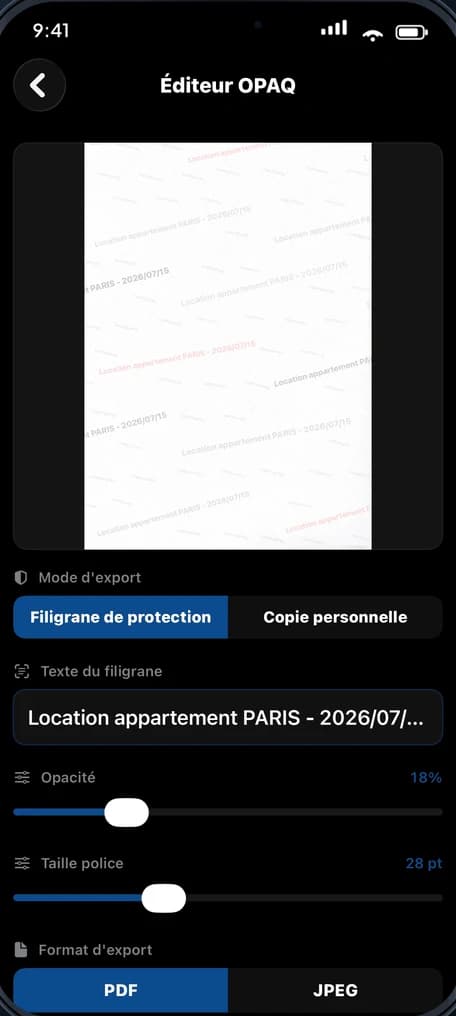 Éditeur de filigrane d’OPAQ : texte, opacité et taille réglables